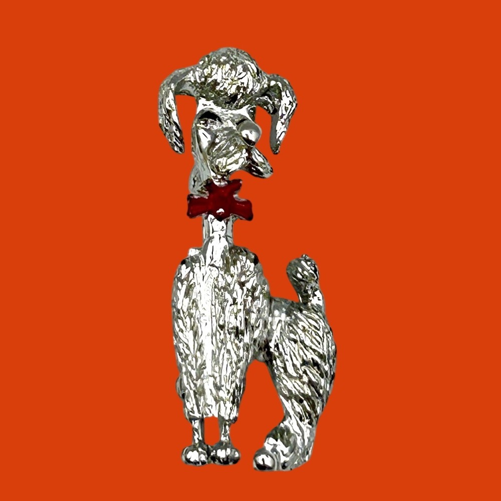 Poodle Dog Brooch Pin Silver Tone Metal Red Bow Tie Animal Jewelry